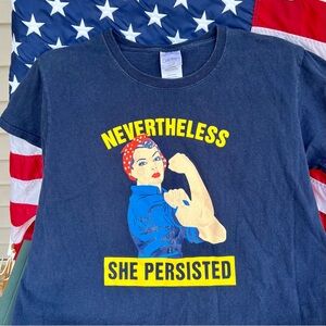 Vintage Nevertheless She Persisted Iconic Rosie the Riveter Navy Blue Tee Shirt